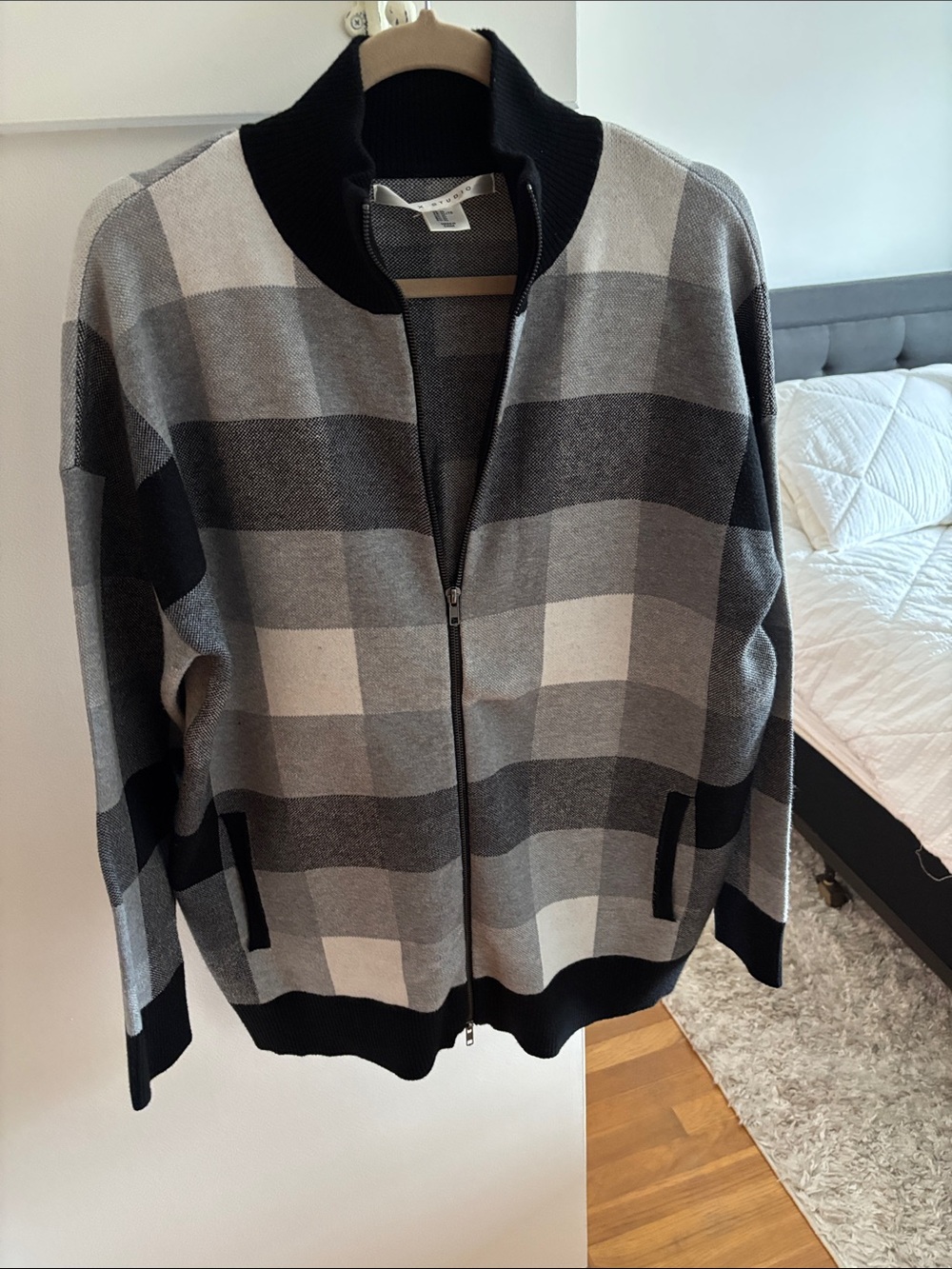 Max Studio Gray Plaid Zip-Up Sweater Jacket